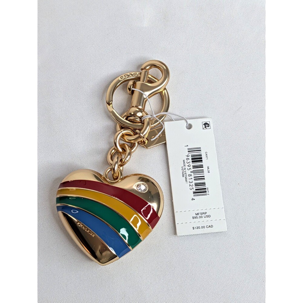 NWT Coach Rainbow Heart Metal & Enamel Bag Charm Keychain Fob CAX71 Brass Multi